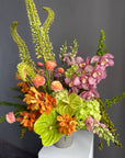 Vase Arrangement “Sunset Theory” — ranunculus, anthurium, hydrangea, orchids