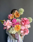 Vase Arrangement “Living in Color” — hydrangeas, gerberas, roses, lisianthus, allium, ranunculus