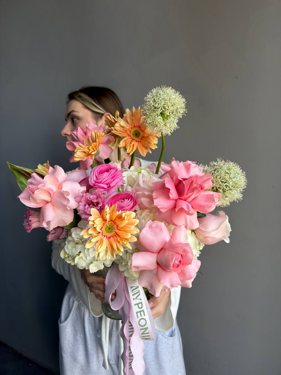 Vase Arrangement “Living in Color” — hydrangeas, gerberas, roses, lisianthus, allium, ranunculus
