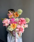 Vase Arrangement “Living in Color” — hydrangeas, gerberas, roses, lisianthus, allium, ranunculus
