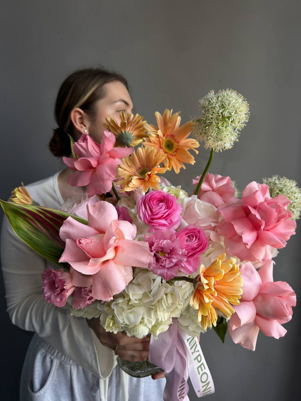 Vase Arrangement “Living in Color” — hydrangeas, gerberas, roses, lisianthus, allium, ranunculus