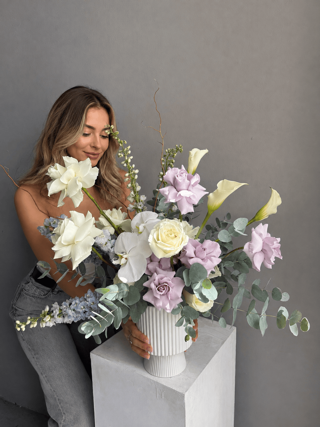 Interior Arrangement “Private Eden” — delphinium, calla lilies, eucalyptus