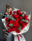 Bouquet “Red Nina” — roses, eucalyptus