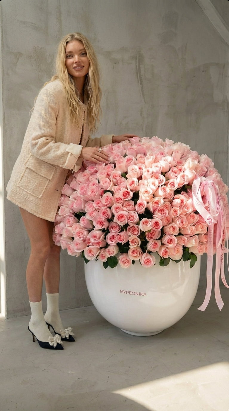 WOW-ARRANGEMENT “500 pink roses” - pink roses in a white vase