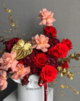 Flower Box "The Golden Blessing" - roses, hydrangeas, eucalyptus