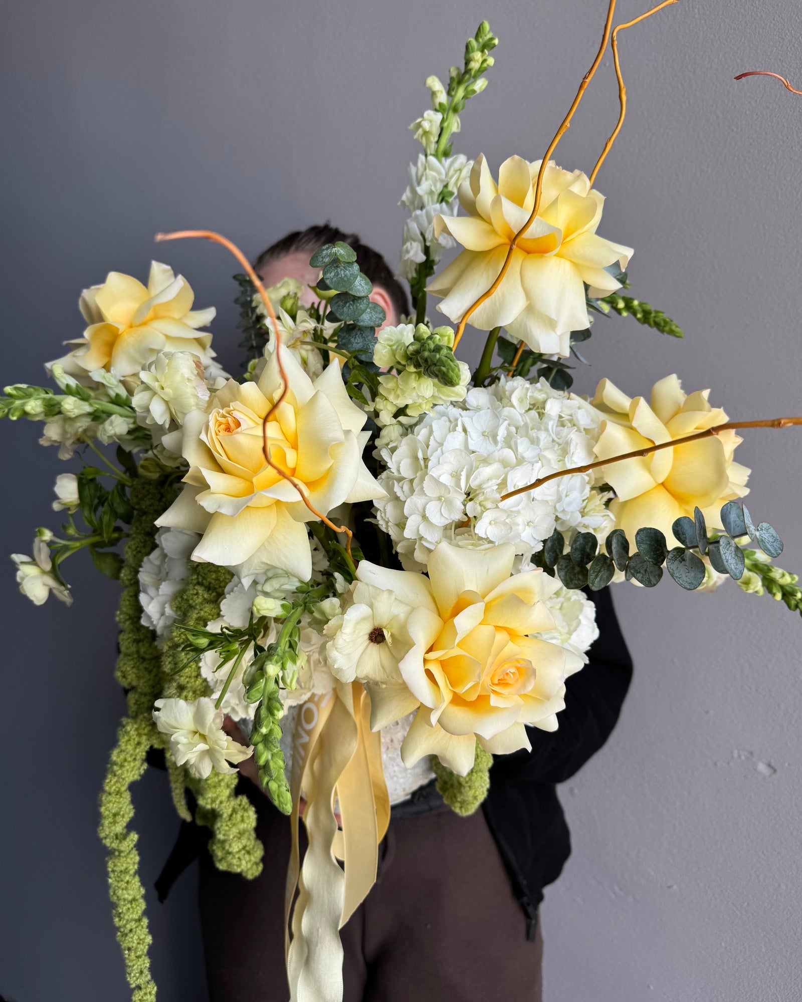 Interior arrangement "Forest Champagne" - roses, hydrangeas, amaranth