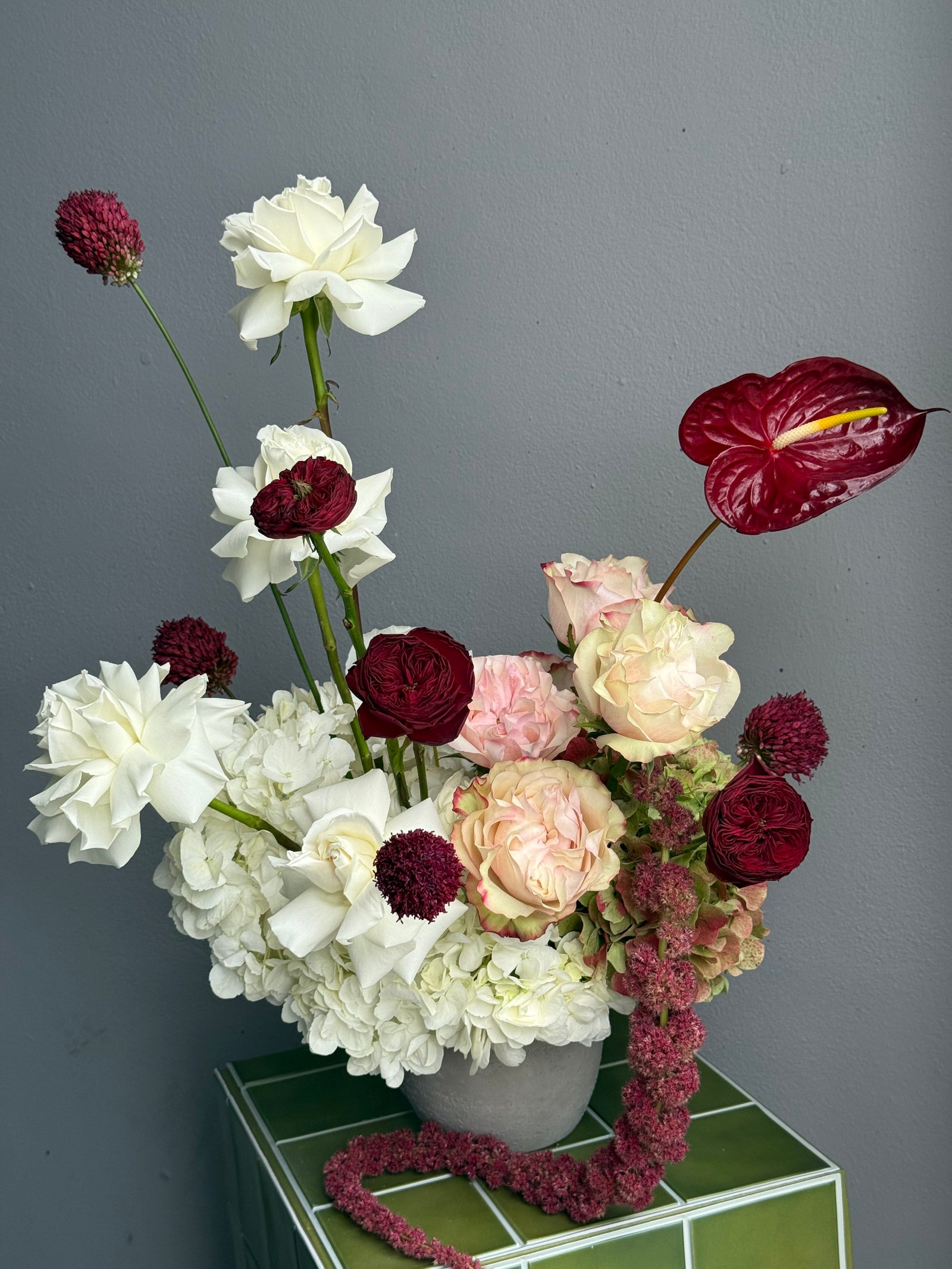 Flower arrangement in a clay pot “Omega” — hydrangea, roses
