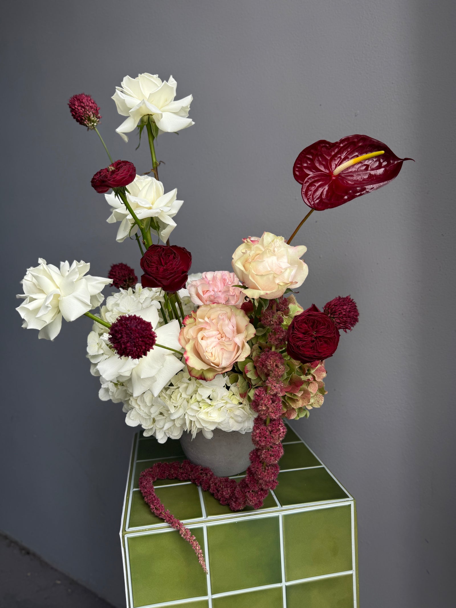 Flower arrangement in a clay pot “Omega” — hydrangea, roses