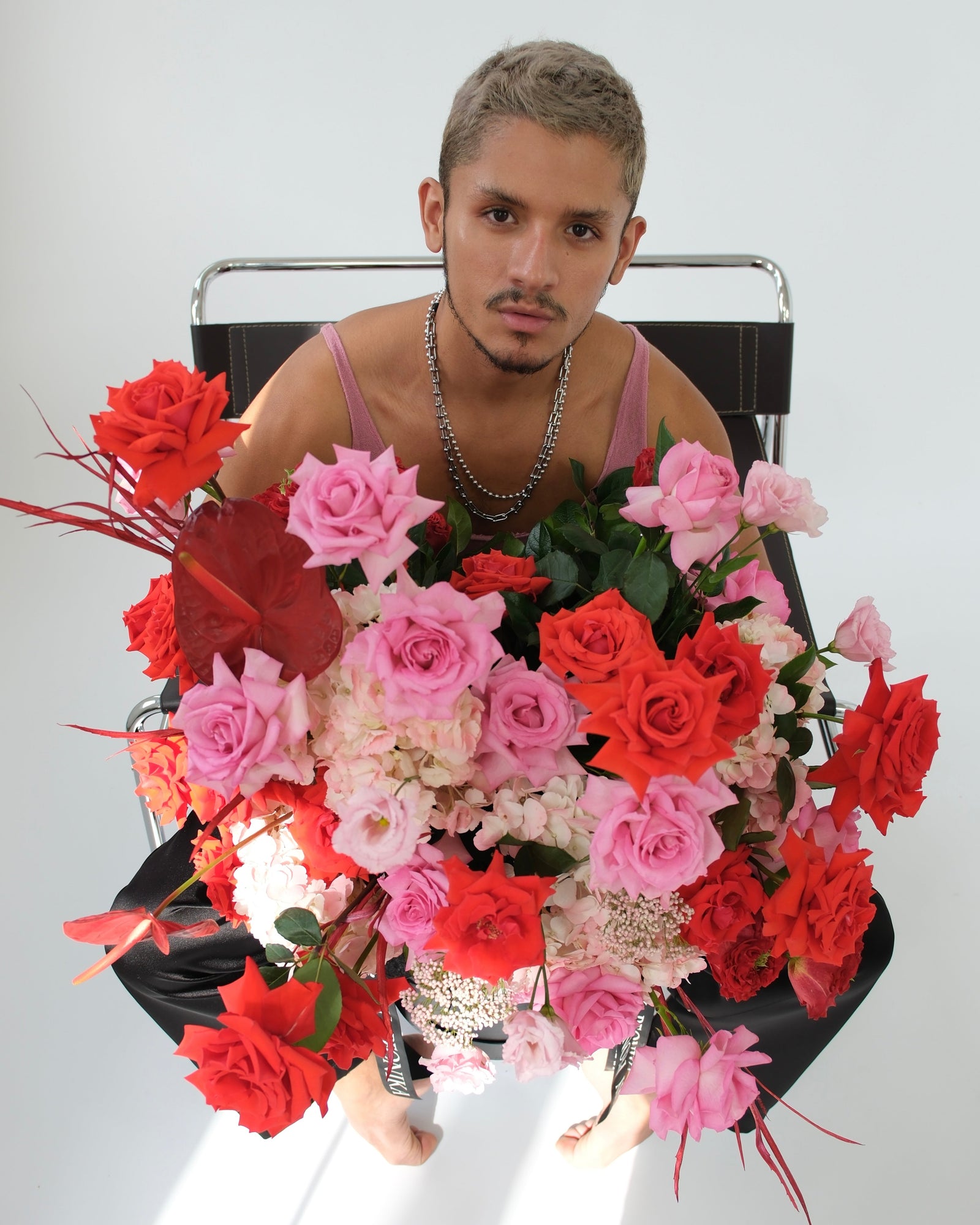 Flower box “Fallen angel” - garden roses, hydrangeas, anthuriums