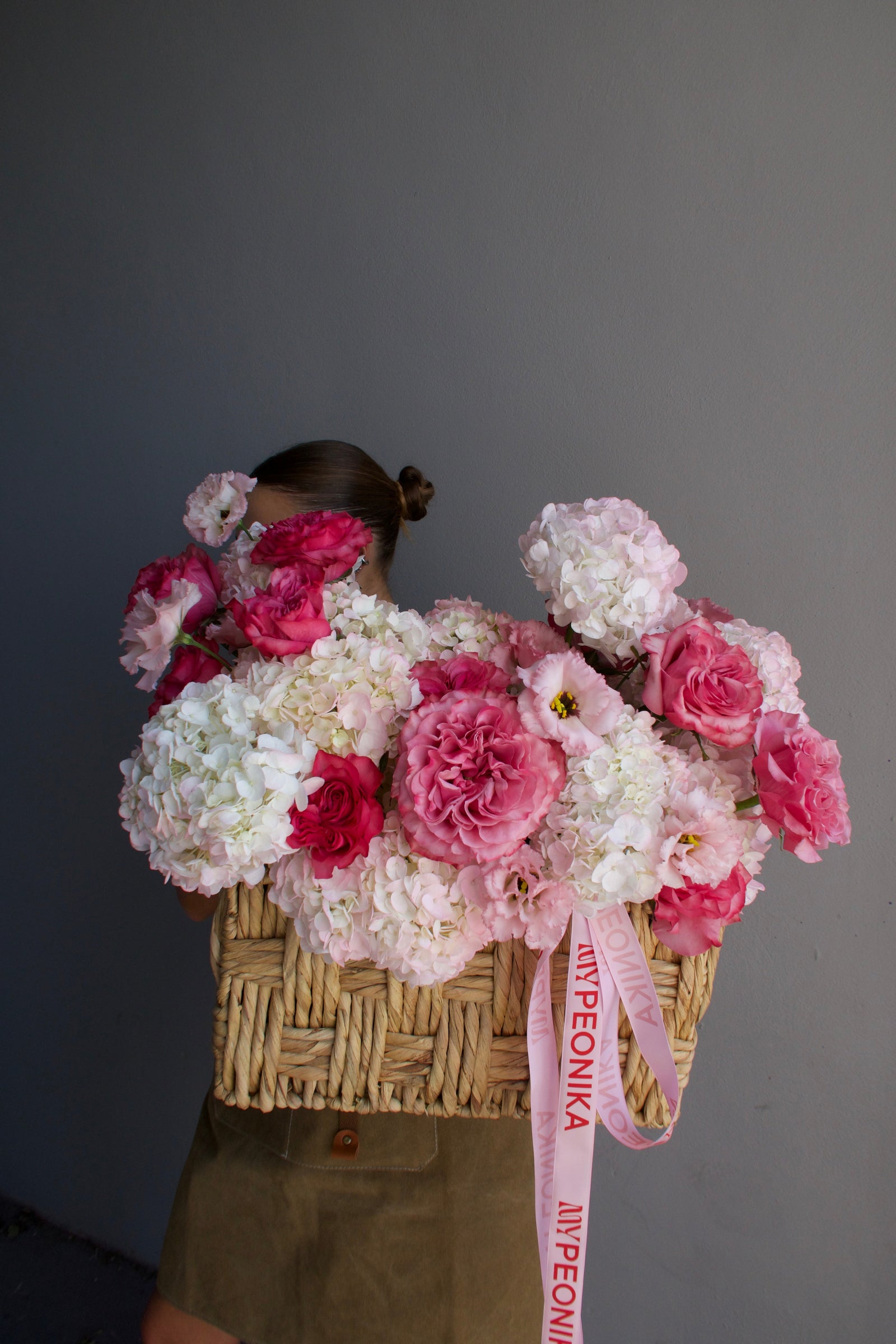 Flower basket “Pink Is My Power Color" - roses, hydrangeas