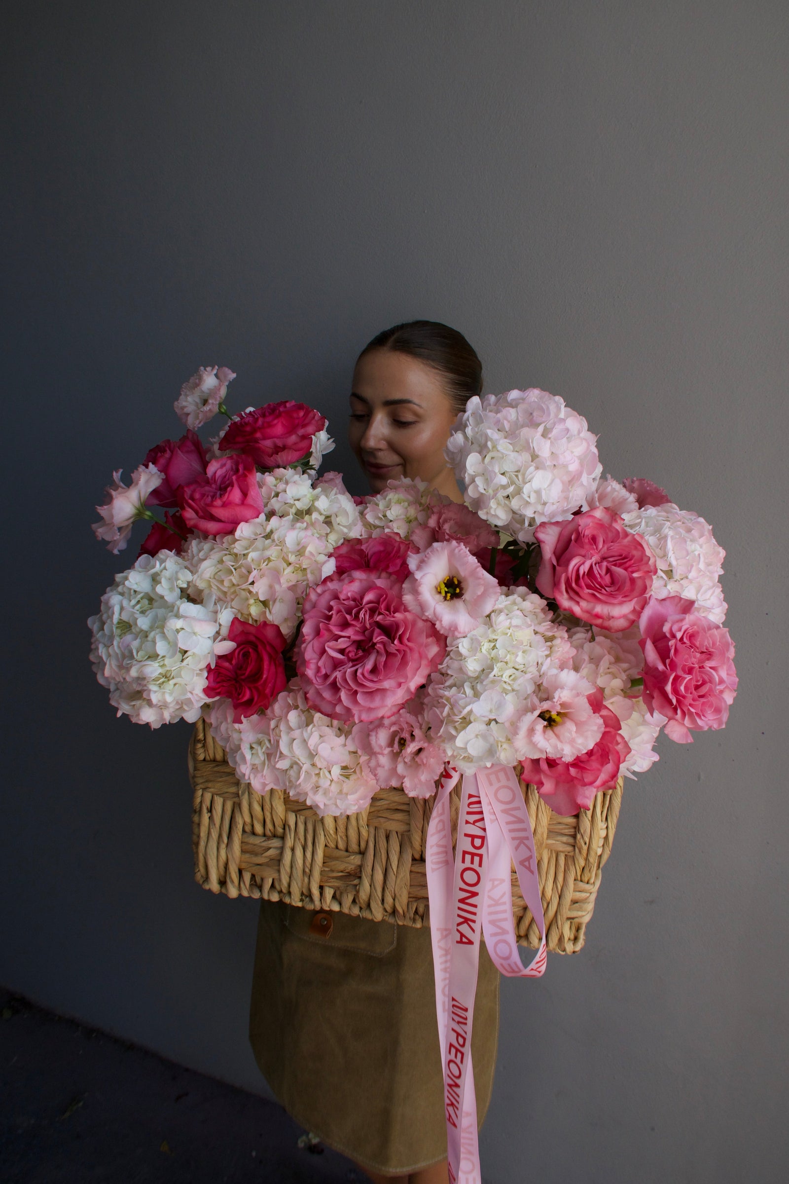 Flower basket “Pink Is My Power Color" - roses, hydrangeas
