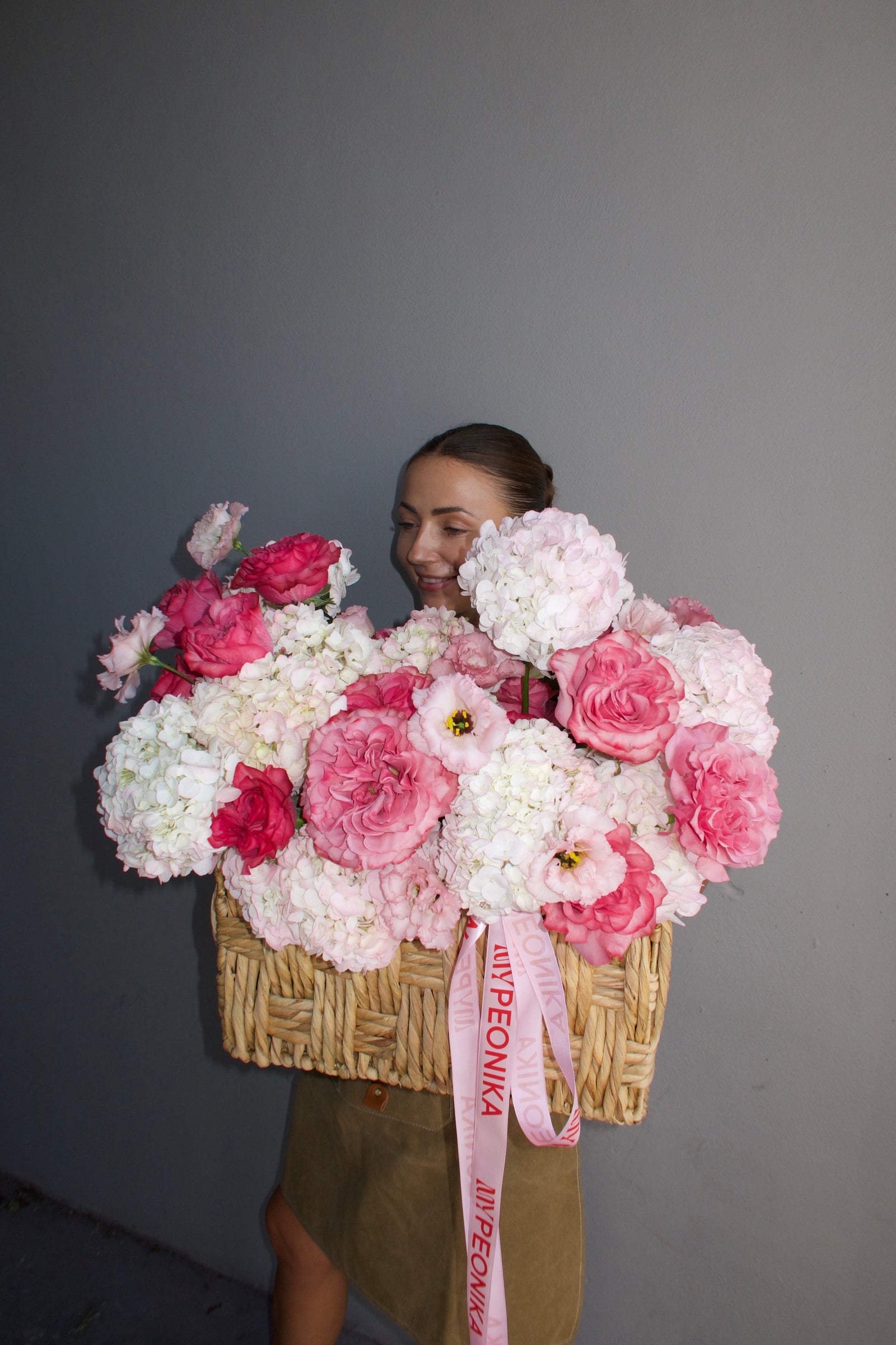 Flower basket “Pink Is My Power Color" - roses, hydrangeas