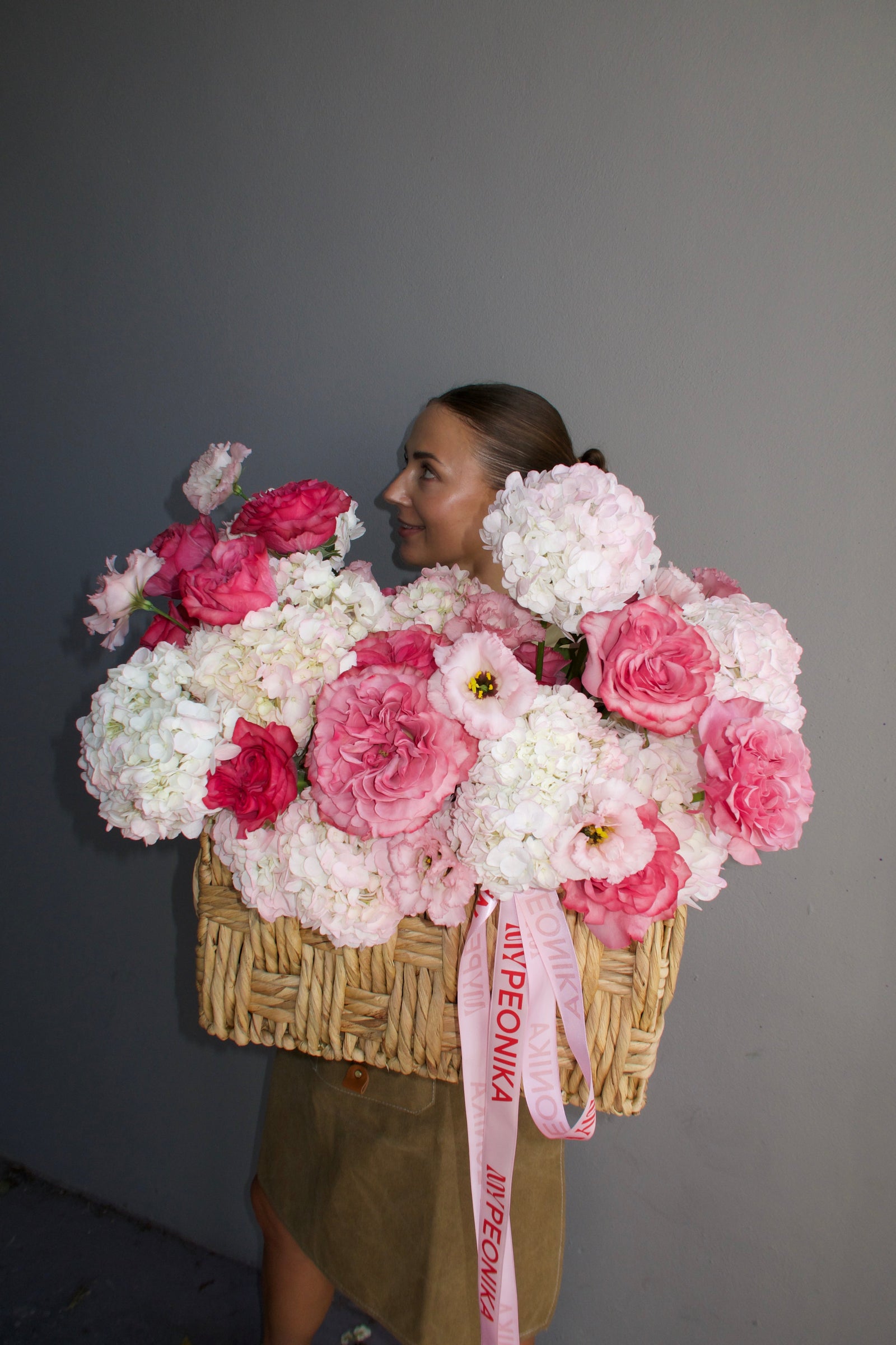 Flower basket “Pink Is My Power Color" - roses, hydrangeas
