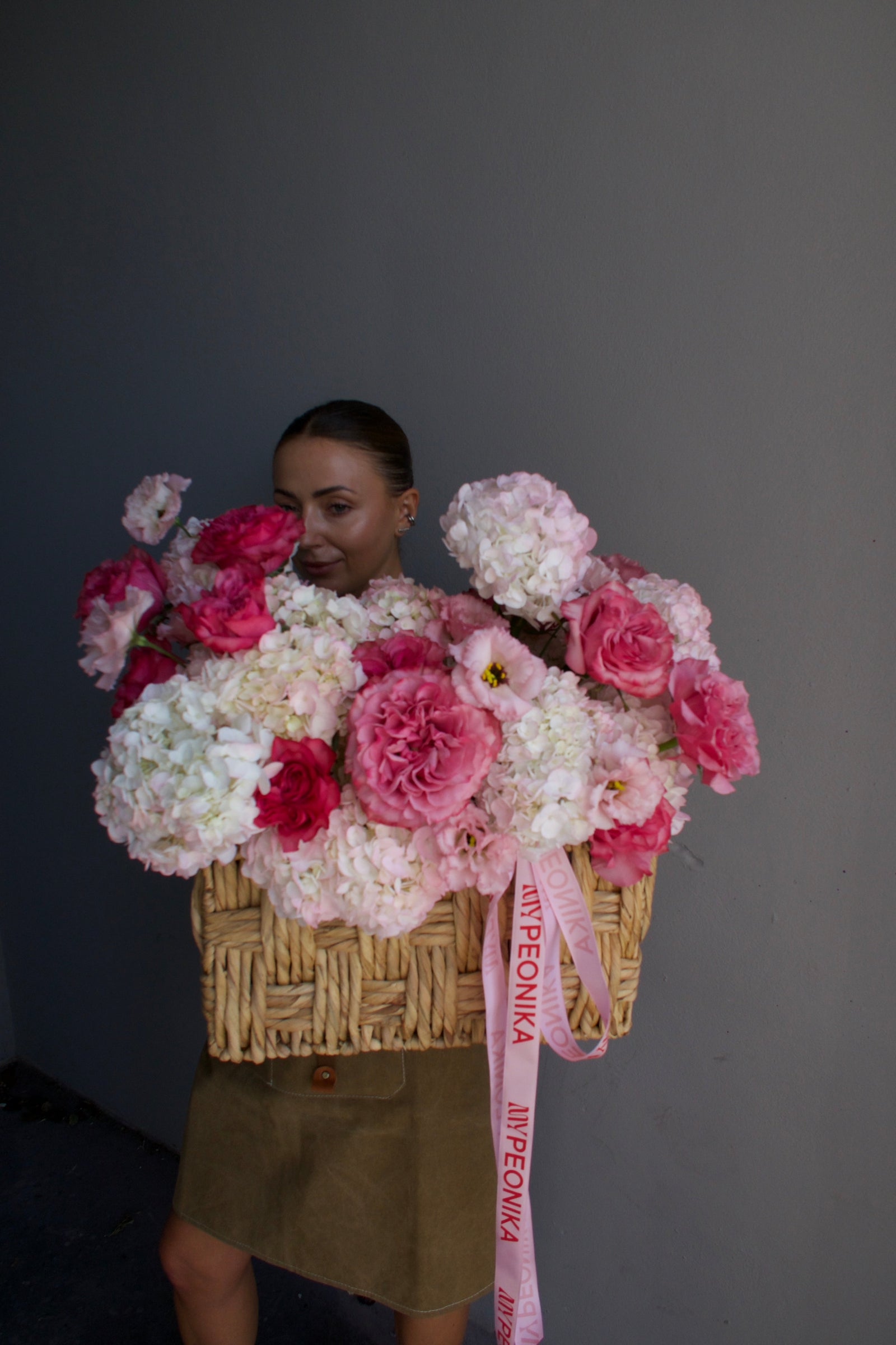 Flower basket “Pink Is My Power Color" - roses, hydrangeas