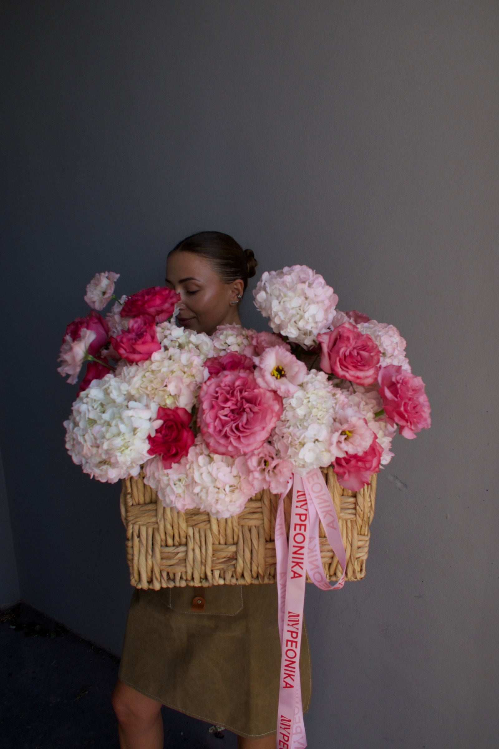 Flower basket “Pink Is My Power Color" - roses, hydrangeas
