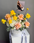 Flower Box “Dawn's Glow” - roses,daffodil, hydrangeas, stock
