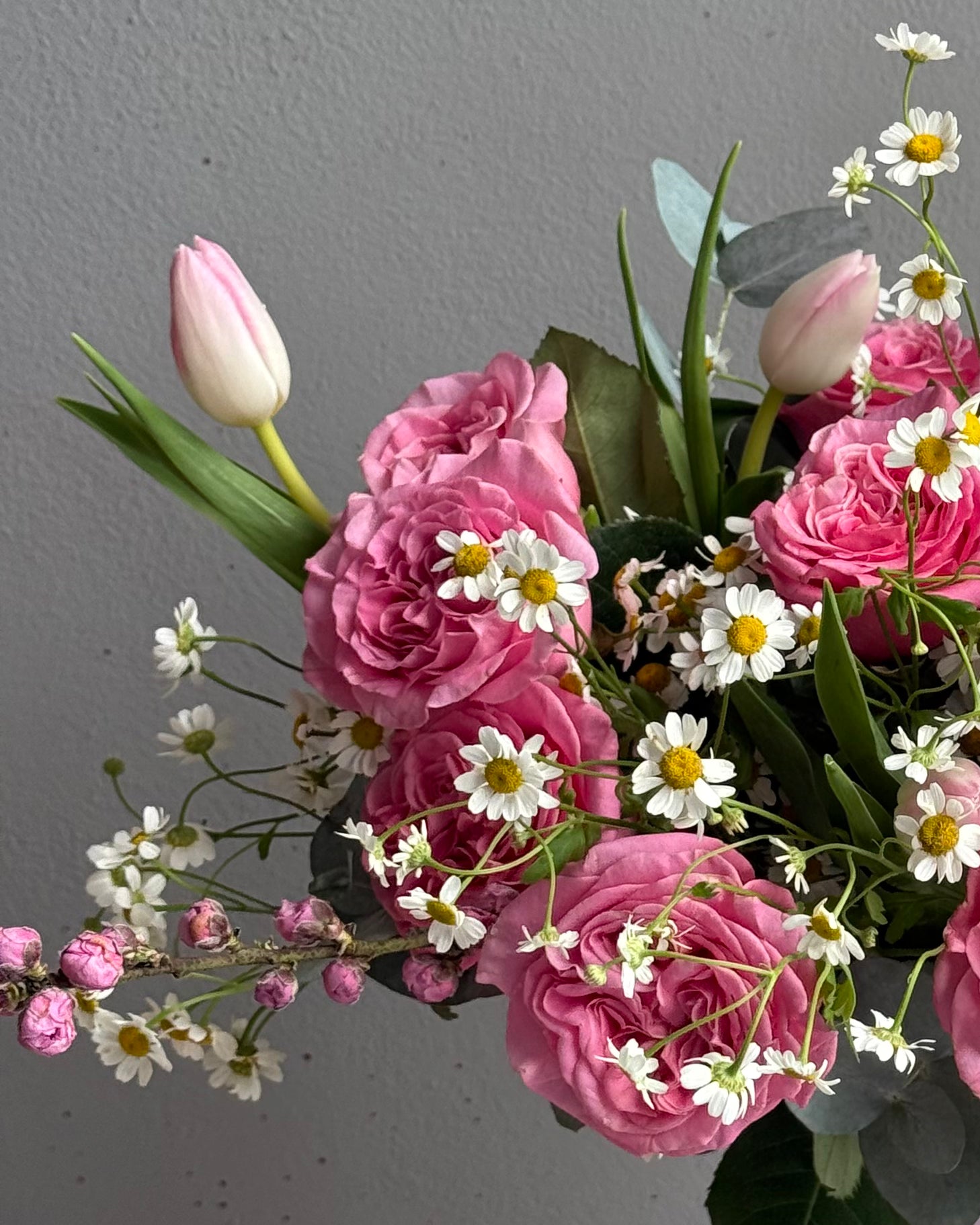 Bouquet in a Vase "Take Me Home" - Roses, chamomiles, tulips, apricot blossoms, vase