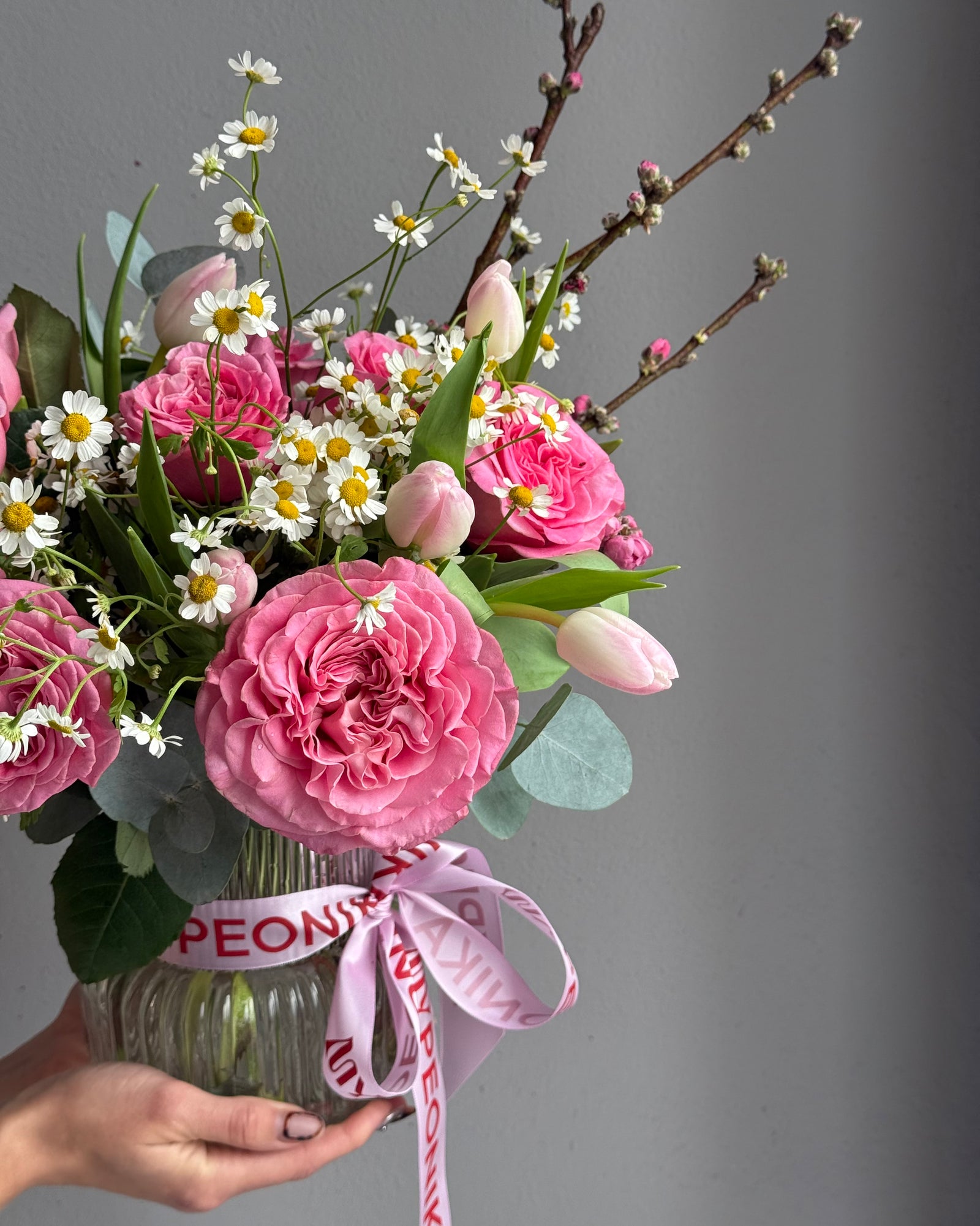 Bouquet in a Vase "Take Me Home" - Roses, chamomiles, tulips, apricot blossoms, vase