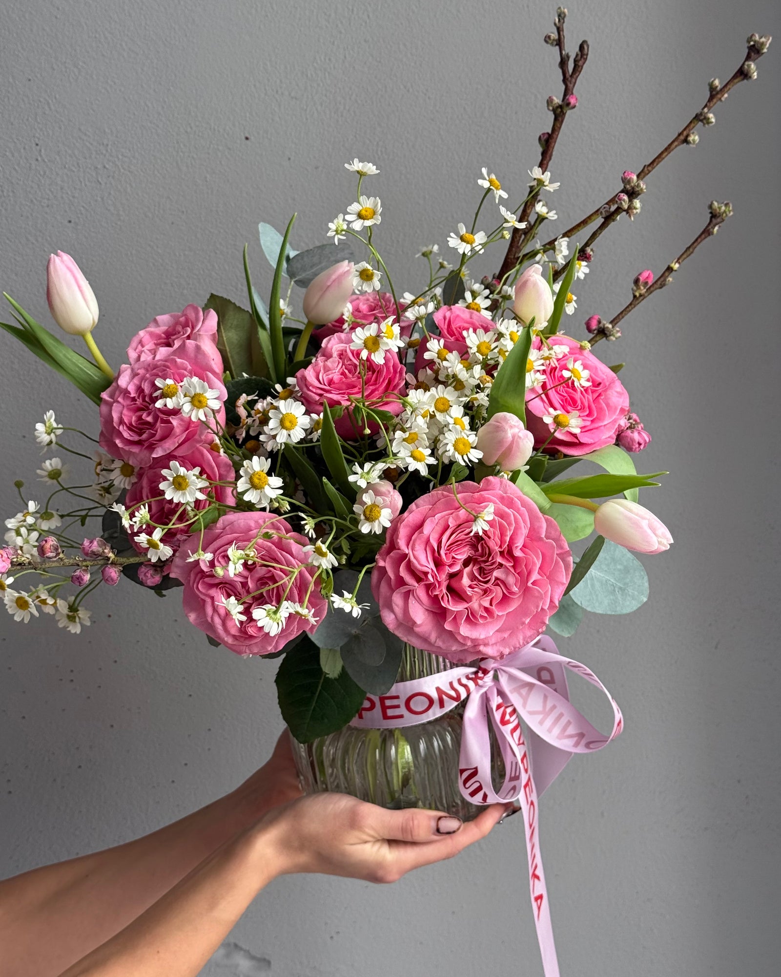Bouquet in a Vase "Take Me Home" - Roses, chamomiles, tulips, apricot blossoms, vase