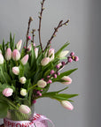 Bouquet in a Vase "Tulip Seduction" - 45 tulips, apricot blossoms, vase