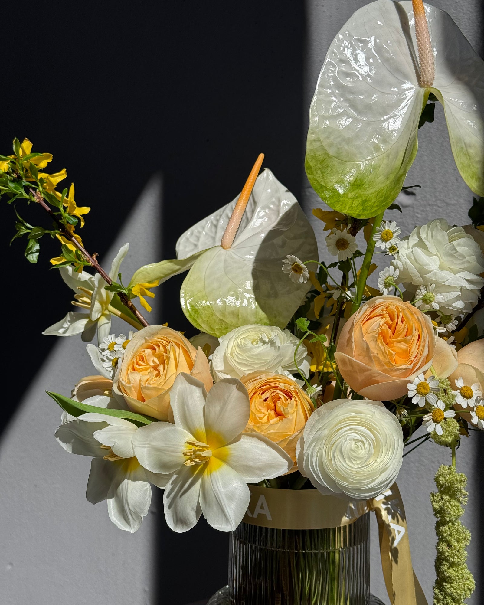 Interior arrangement "In My Bloom Era" - peony roses, anthurium, chamomile