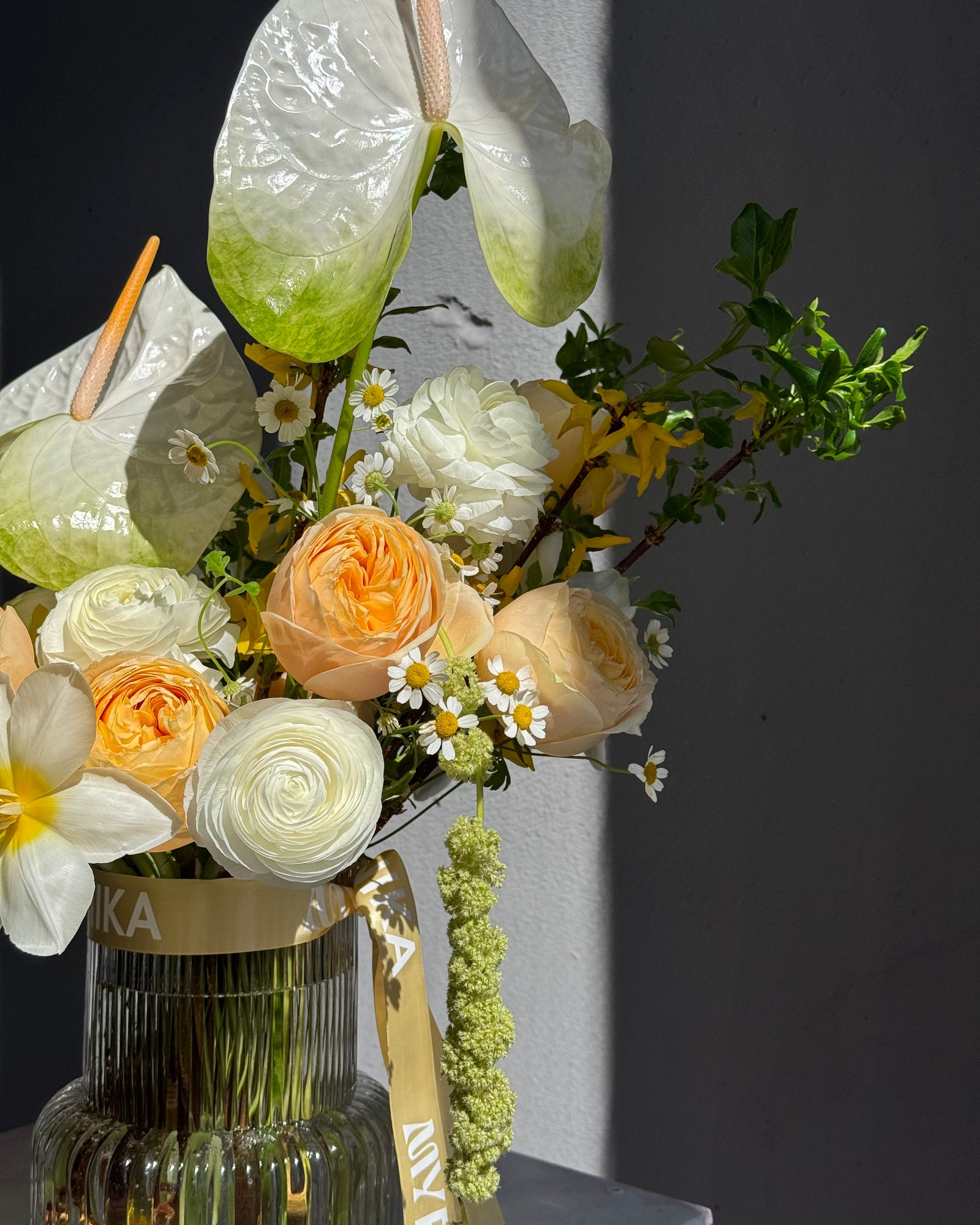 Interior arrangement "In My Bloom Era" - peony roses, anthurium, chamomile