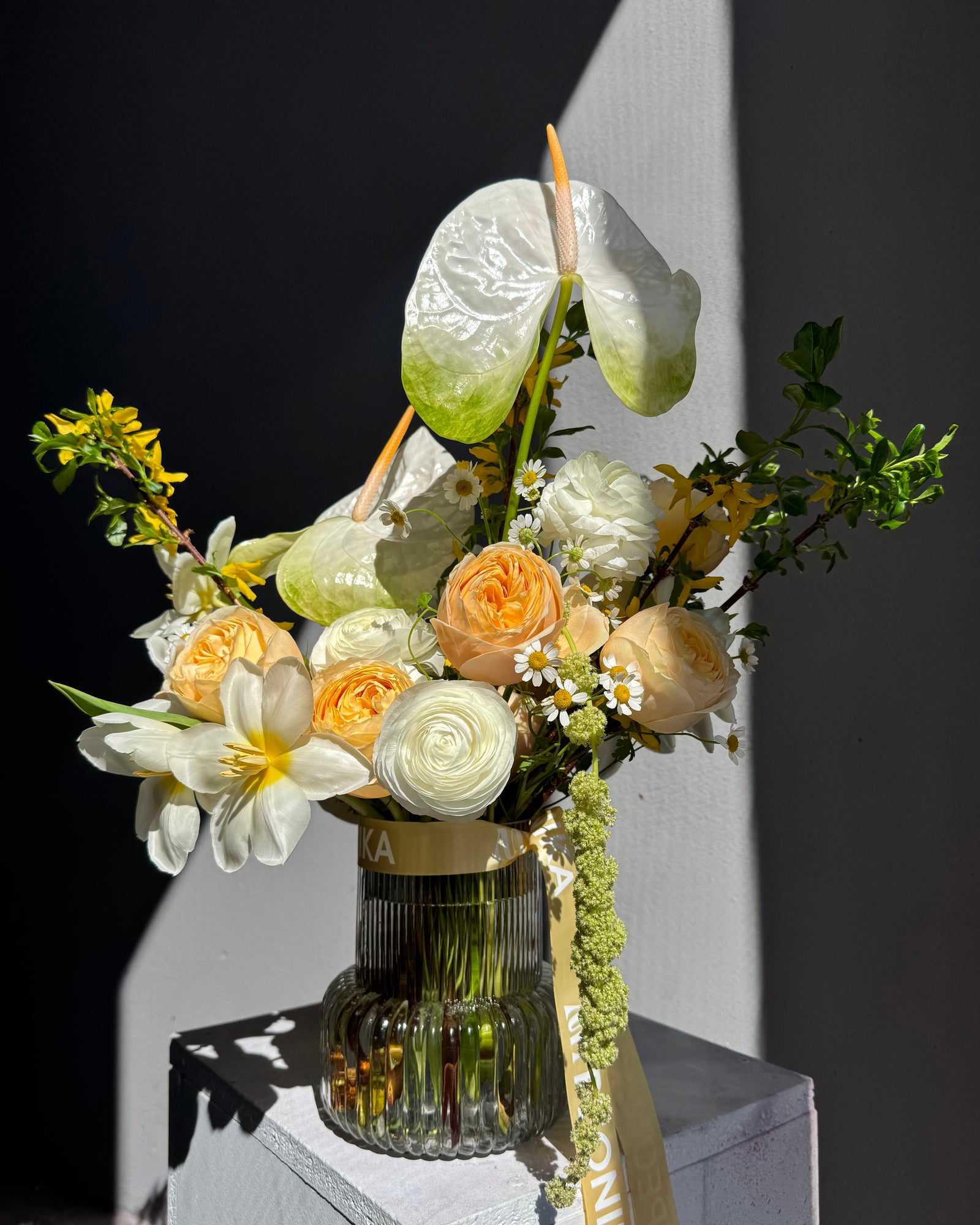 Interior arrangement "In My Bloom Era" - peony roses, anthurium, chamomile