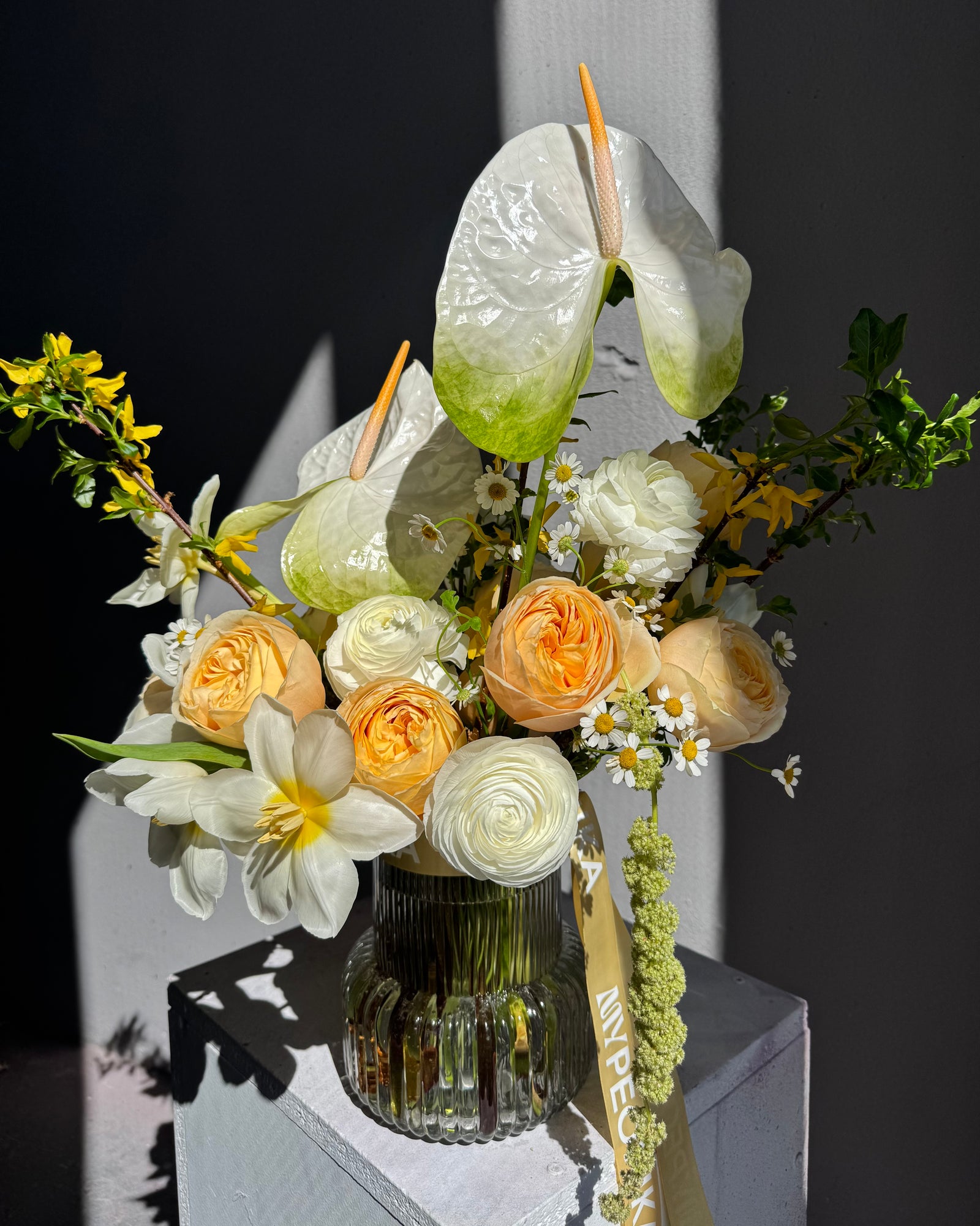 Interior arrangement "In My Bloom Era" - peony roses, anthurium, chamomile