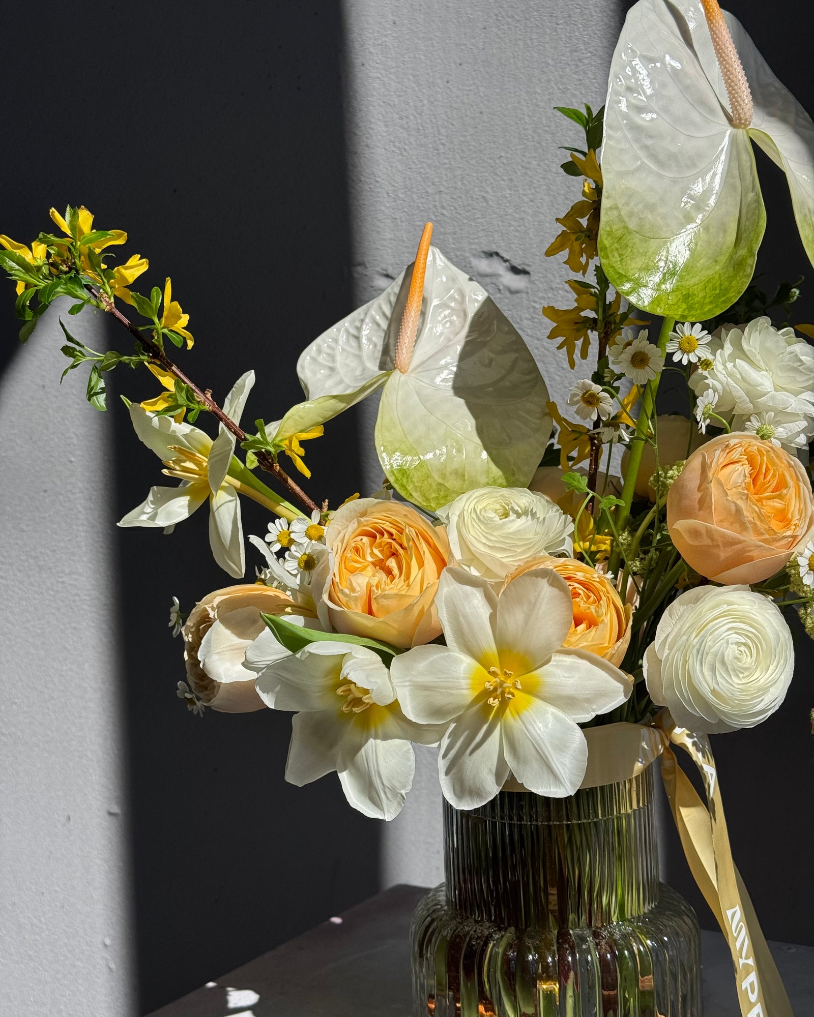 Interior arrangement "In My Bloom Era" - peony roses, anthurium, chamomile
