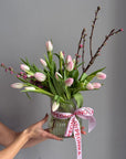 Bouquet in a Vase "Spring Me Up" - 21 tulips, apricot blossoms, vase