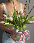 Bouquet in a Vase "Spring Me Up" - 21 tulips, apricot blossoms, vase