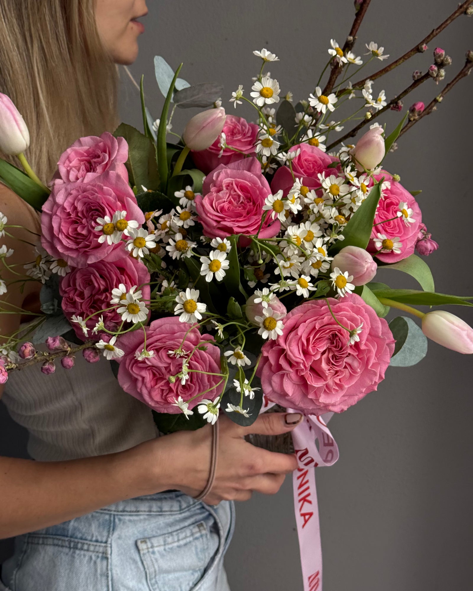 Bouquet in a Vase "Take Me Home" - Roses, chamomiles, tulips, apricot blossoms, vase