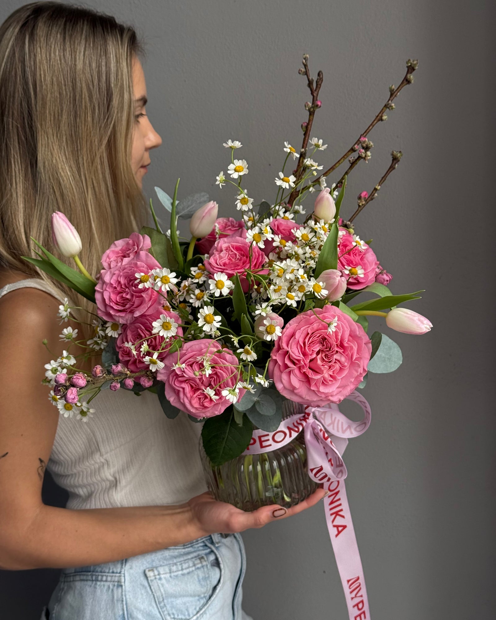 Bouquet in a Vase "Take Me Home" - Roses, chamomiles, tulips, apricot blossoms, vase