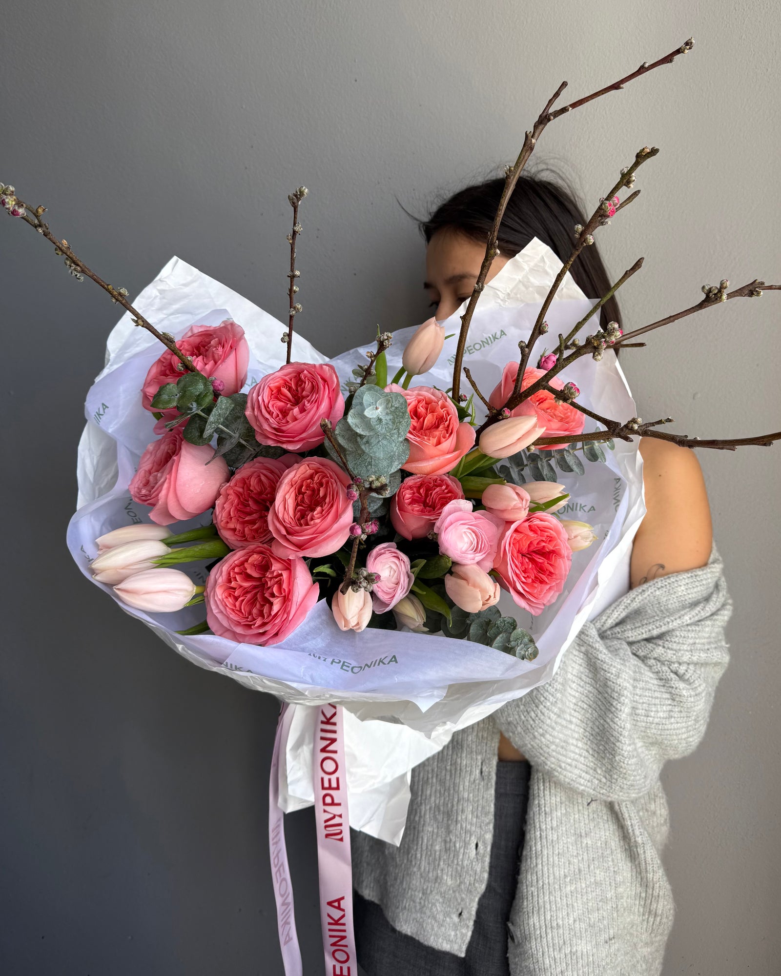 Bouquet "Like a Goddess" - Garden roses, apricot blossoms, tulips