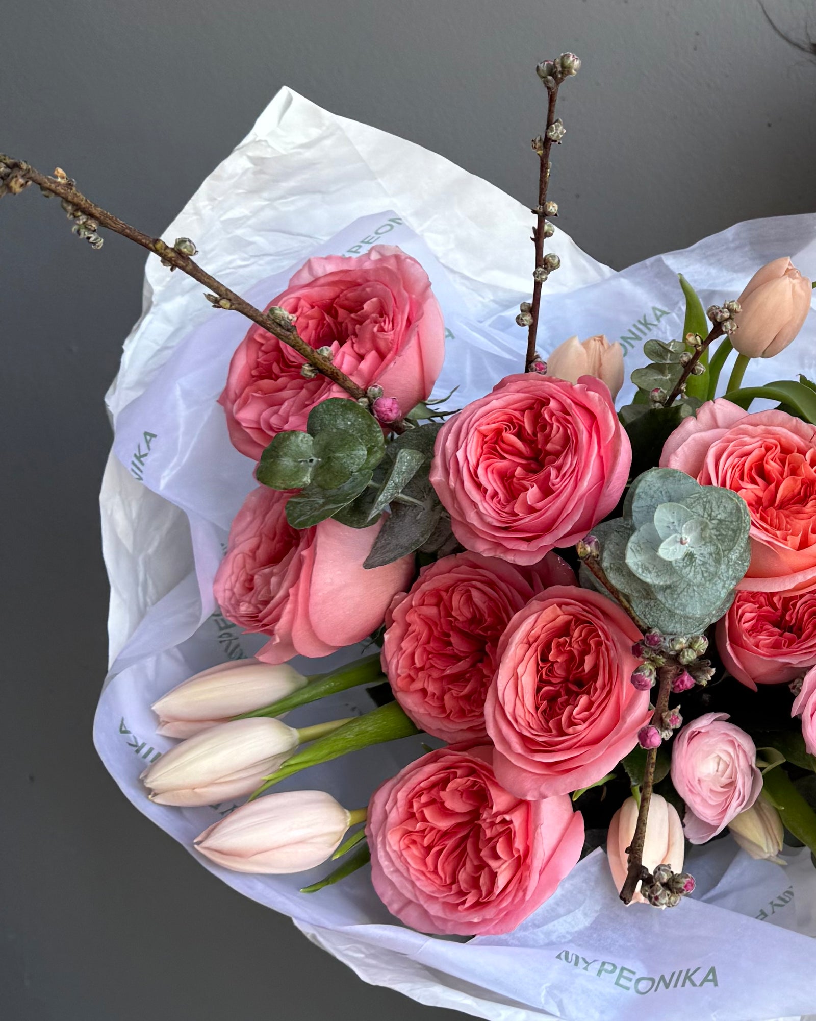 Bouquet "Like a Goddess" - Garden roses, apricot blossoms, tulips