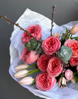 Bouquet "Like a Goddess" - Garden roses, apricot blossoms, tulips