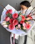 Bouquet "Like a Goddess" - Garden roses, apricot blossoms, tulips