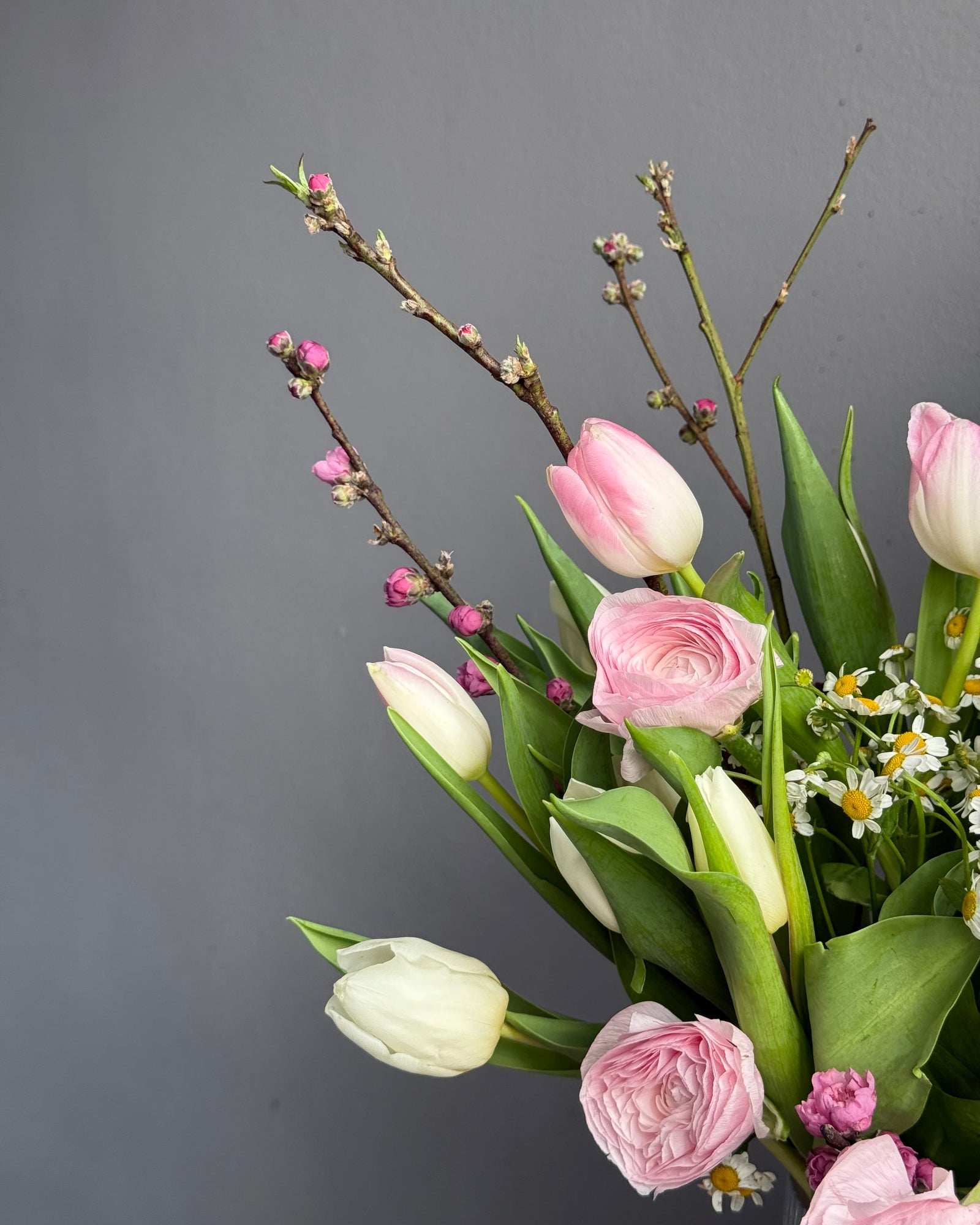 Bouquet in a Vase "Feminine Spark" - Tulips, ranunculus, chamomile, apricot blossom