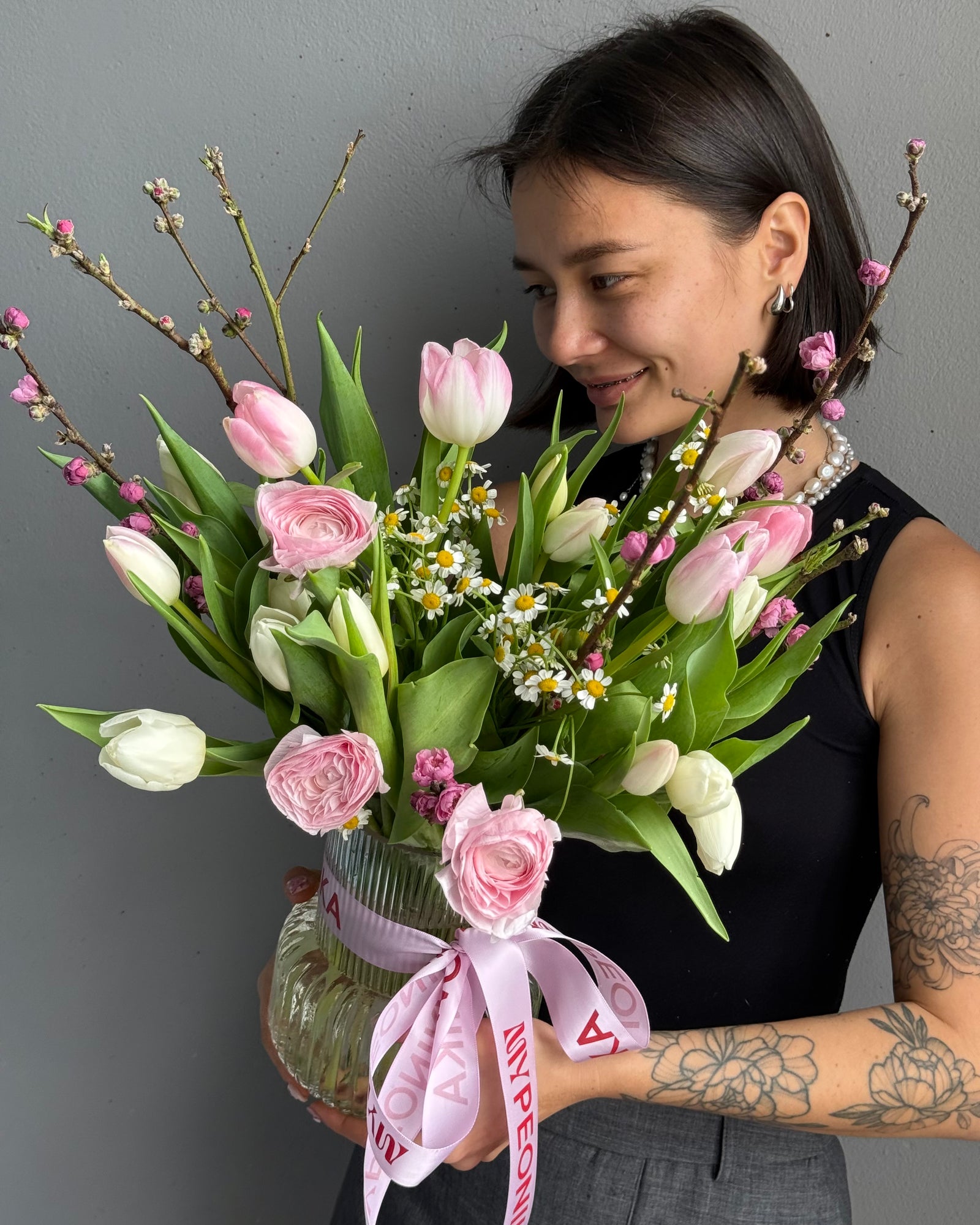 Bouquet in a Vase "Feminine Spark" - Tulips, ranunculus, chamomile, apricot blossom