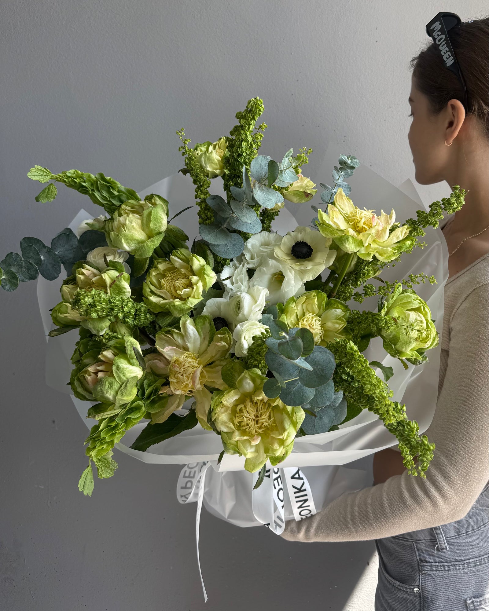 Bouquet "Greens &amp; Dreams" - Bells , veggie roses, lisianthus