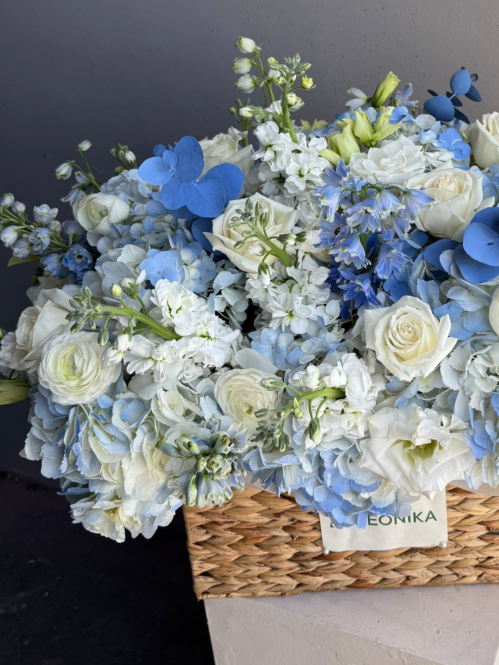 Flower Basket "Misty Blue" - hydrangeas, roses, stock