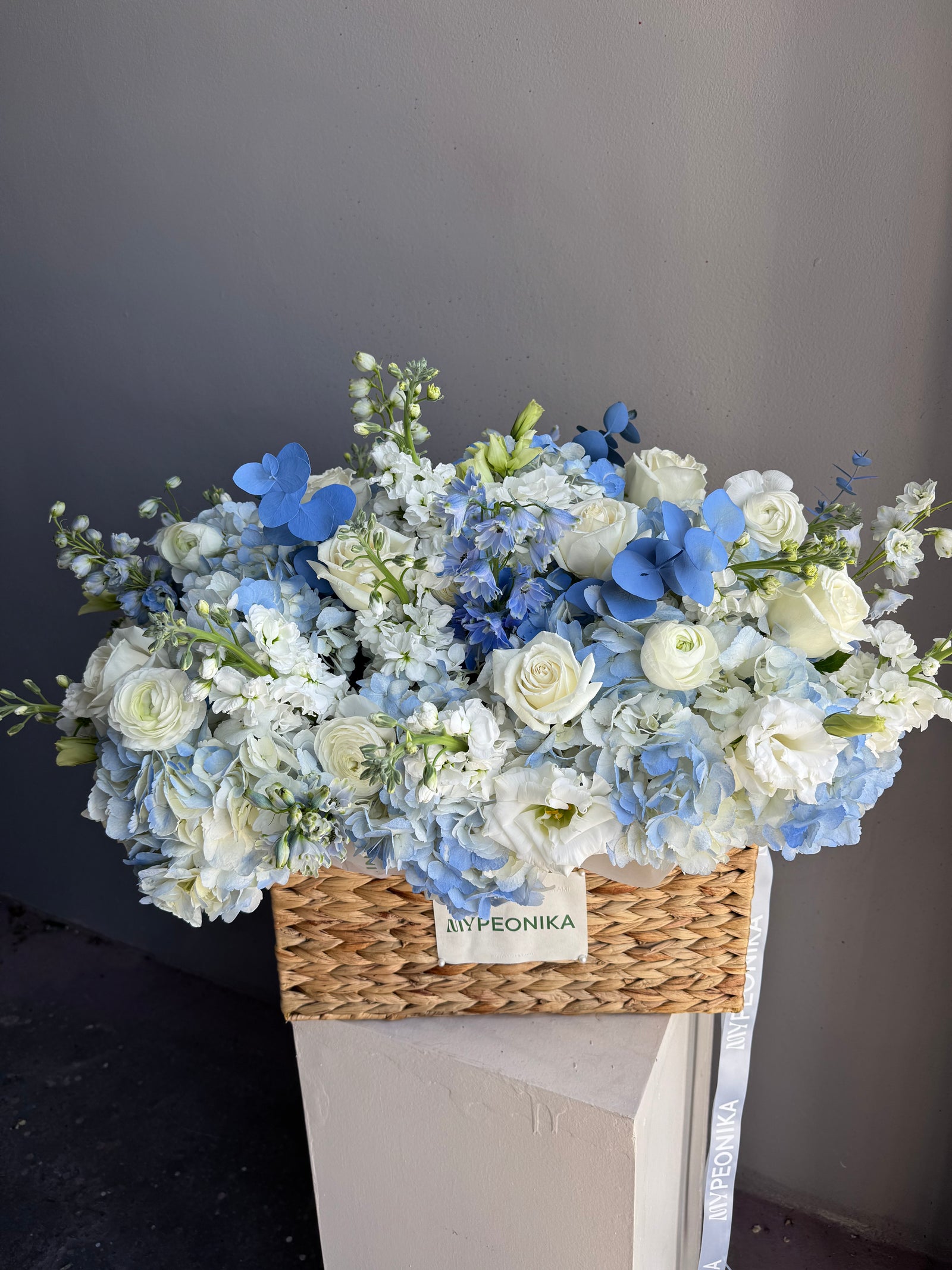 Flower Basket "Misty Blue" - hydrangeas, roses, stock