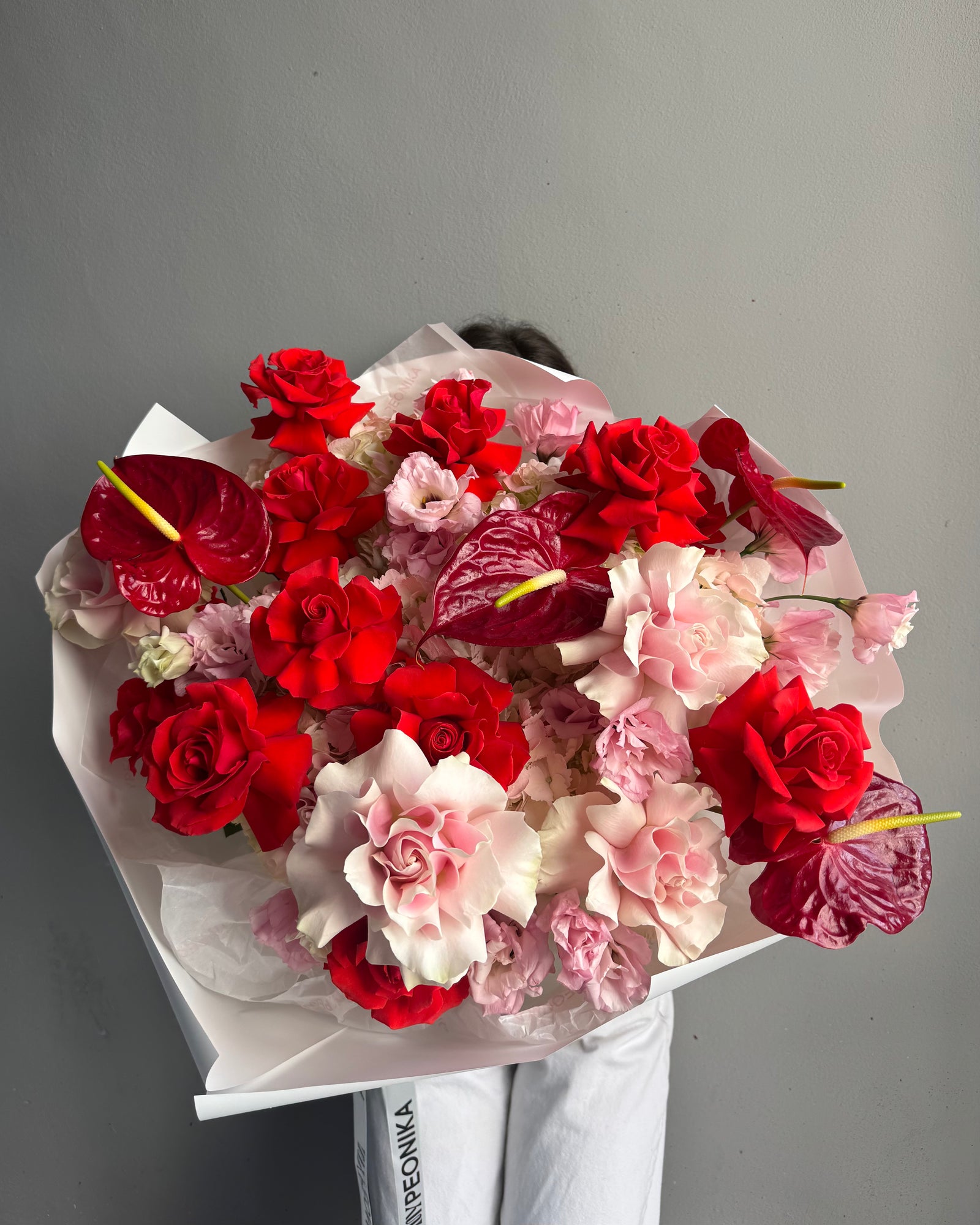 Bouquet "Heart Full, Hands Full" - French roses, anthurium, hydrangeas