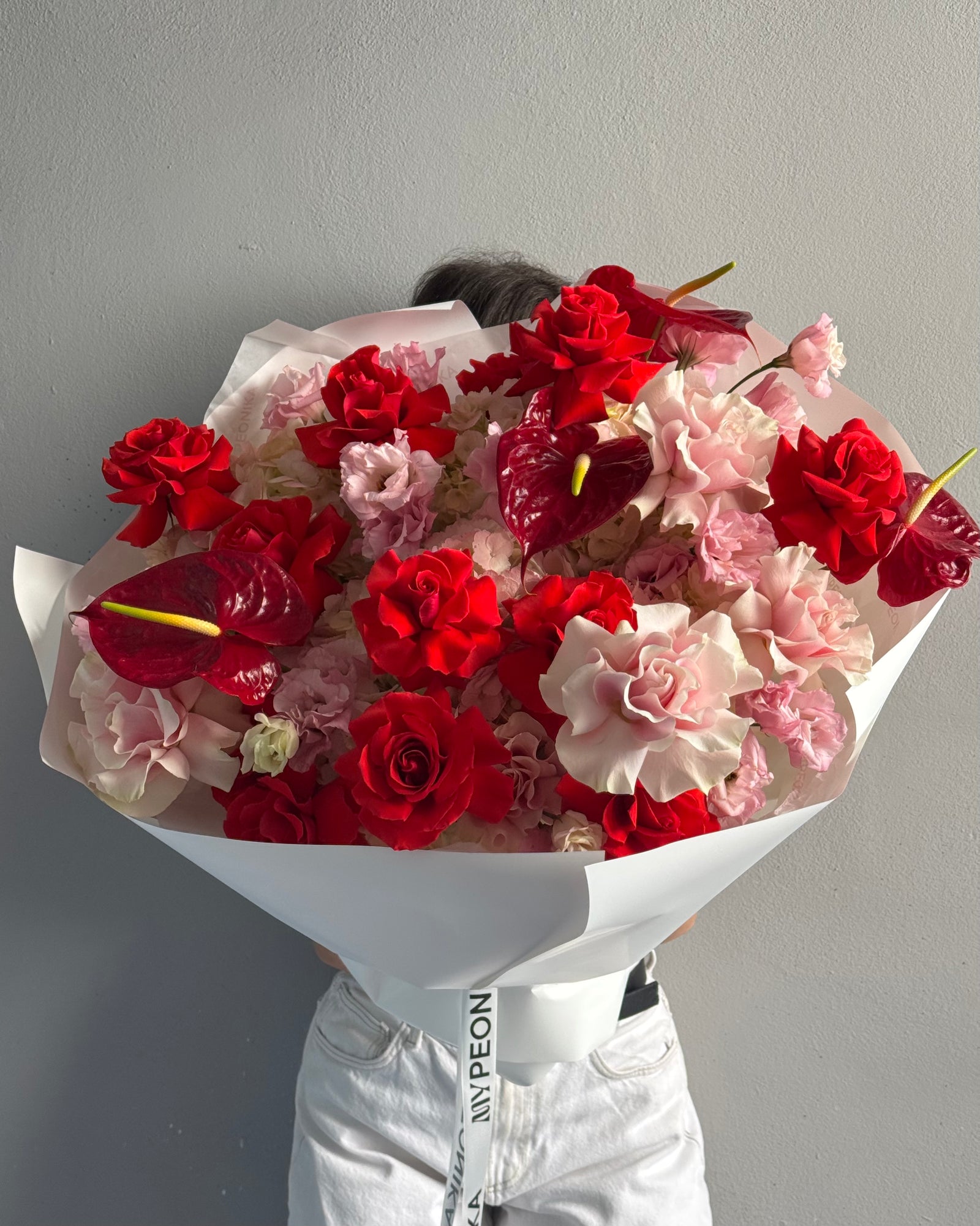 Bouquet "Heart Full, Hands Full" - French roses, anthurium, hydrangeas