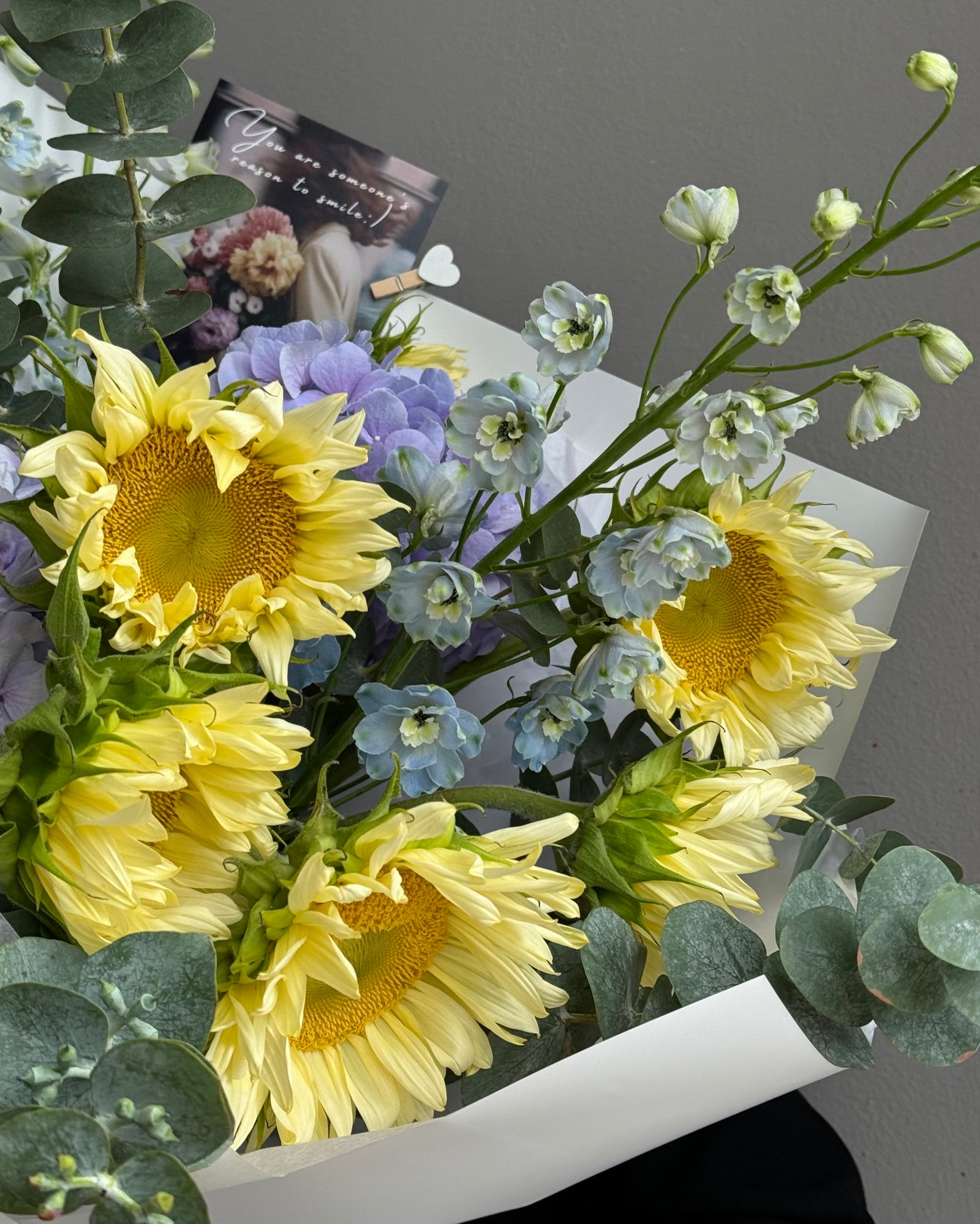 Bouquet “Radiant Smile” - sunflowers, delphiniums, hydrangeas