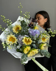 Bouquet “Radiant Smile” - sunflowers, delphiniums, hydrangeas