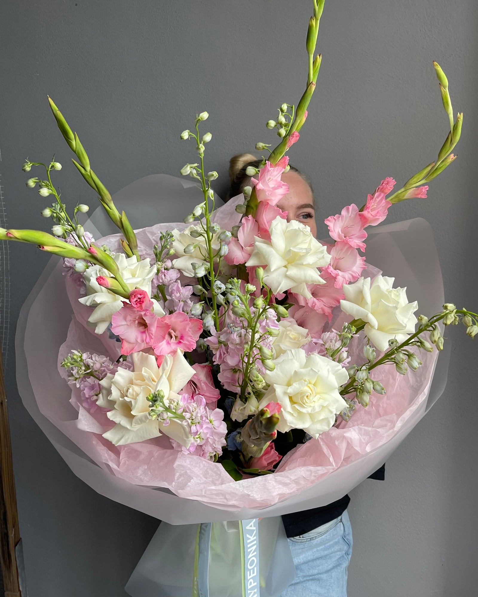 Bouquet “Pastel Echoes” - gladioluses, white roses, delphiniums