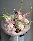Bouquet “Pastel Echoes” - gladioluses, white roses, delphiniums