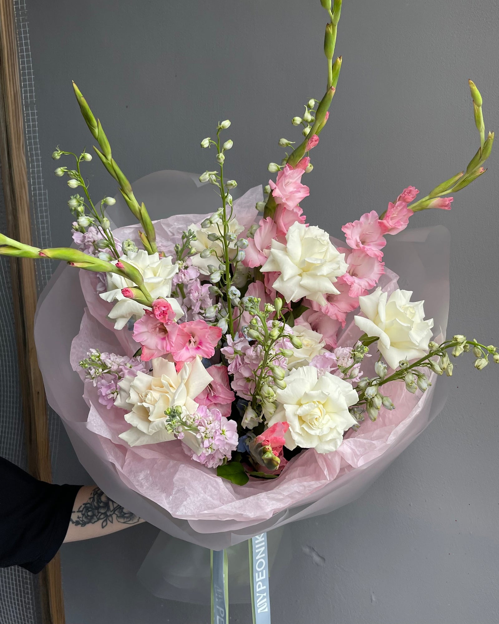 Bouquet “Pastel Echoes” - gladioluses, white roses, delphiniums