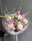 Bouquet “Pastel Echoes” - gladioluses, white roses, delphiniums